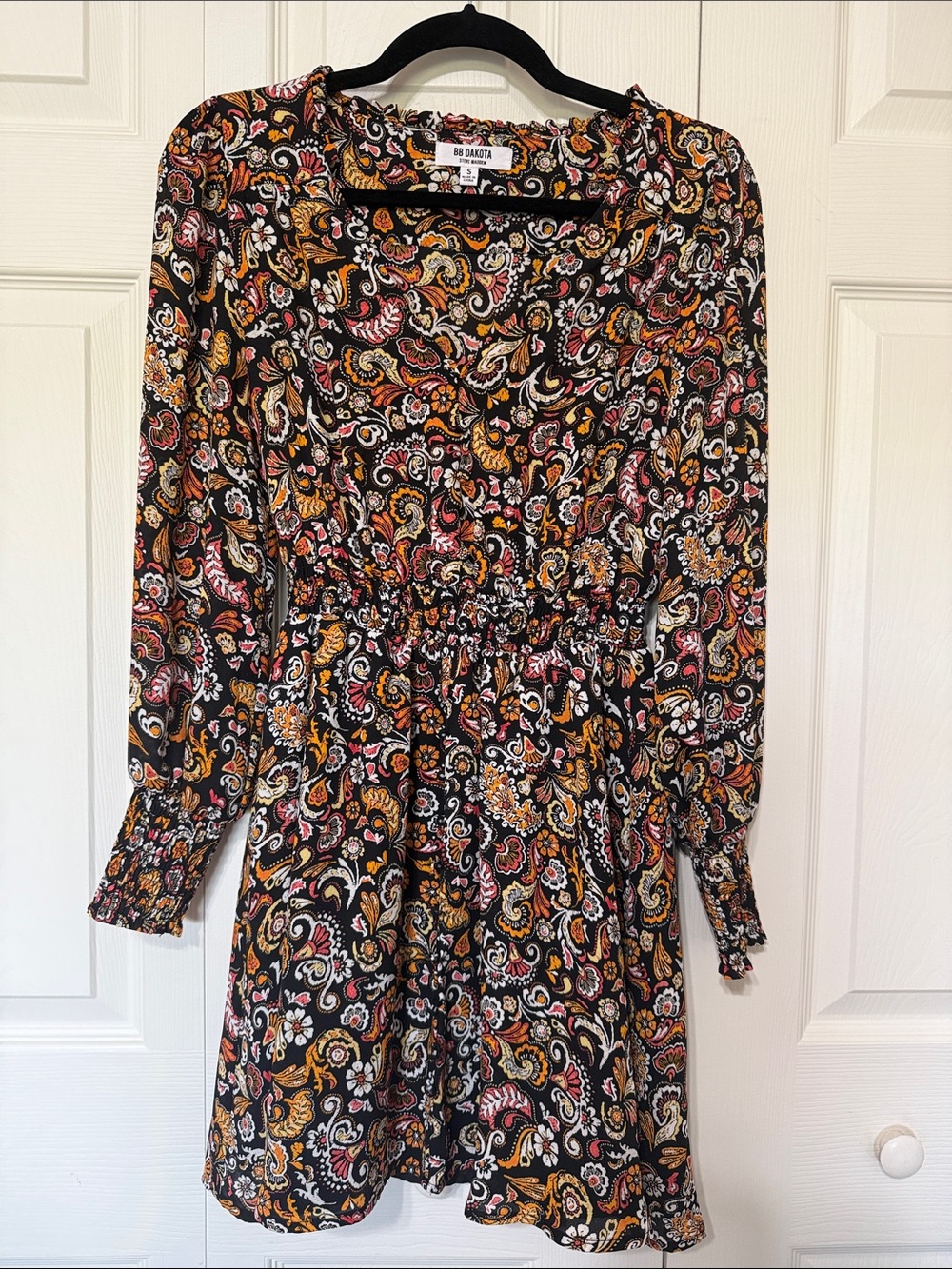 BB Dakota Black Paisley Long-Sleeve Smocked-Waist Dress with Gold & Pink Accents